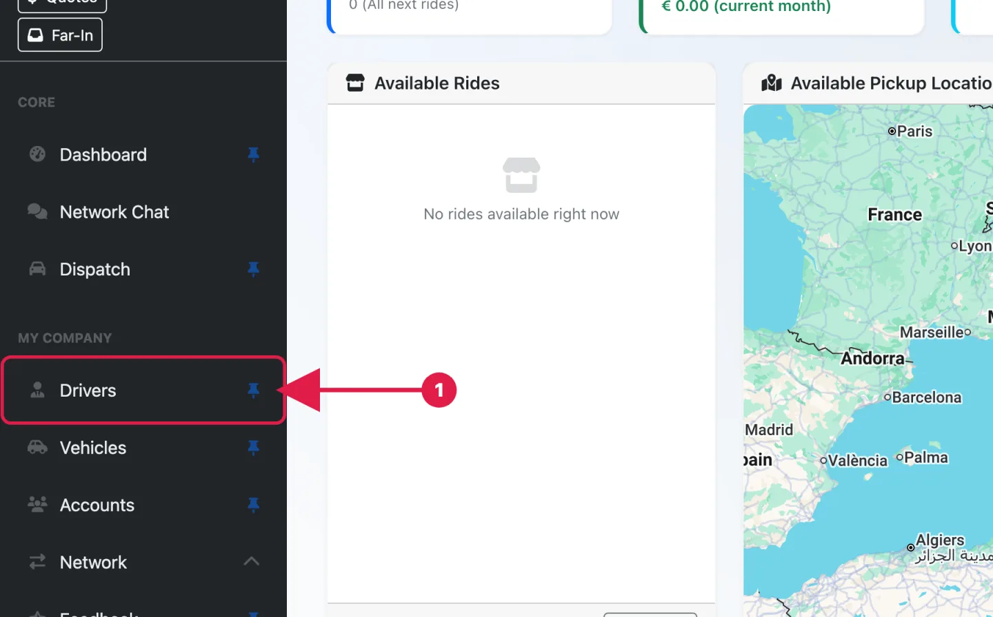 The Pickup Dispatch sidebar with the Drivers entry highlighted under My Company