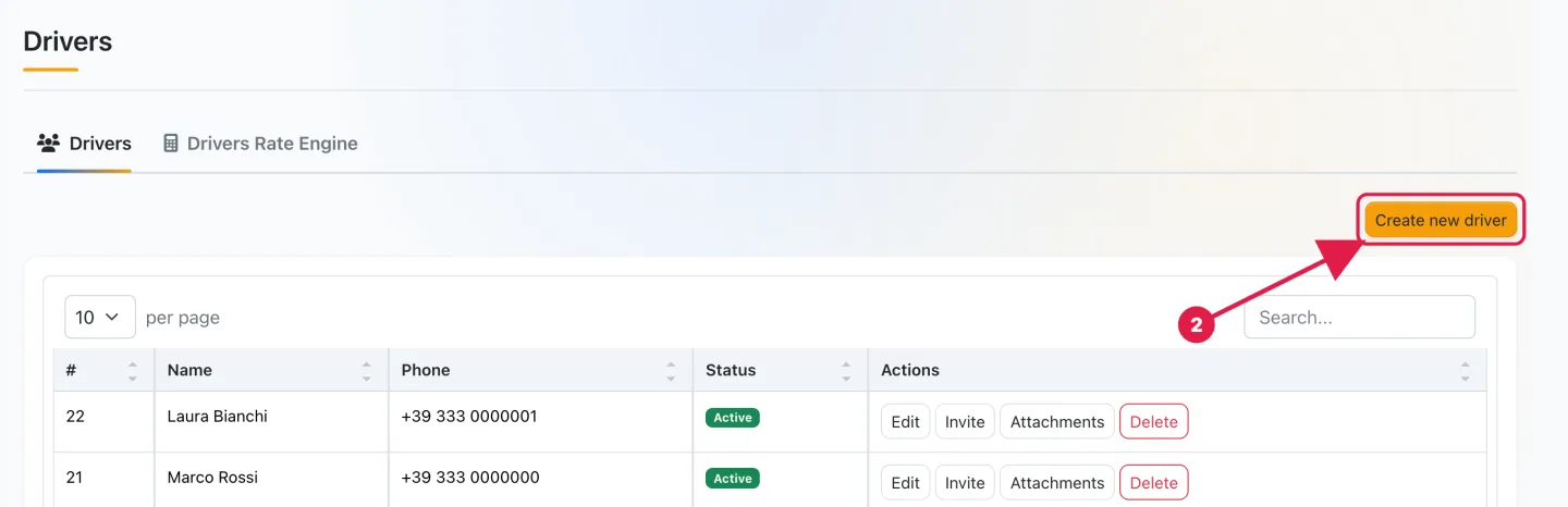 The Drivers page with the Drivers tab and the Create new driver button highlighted