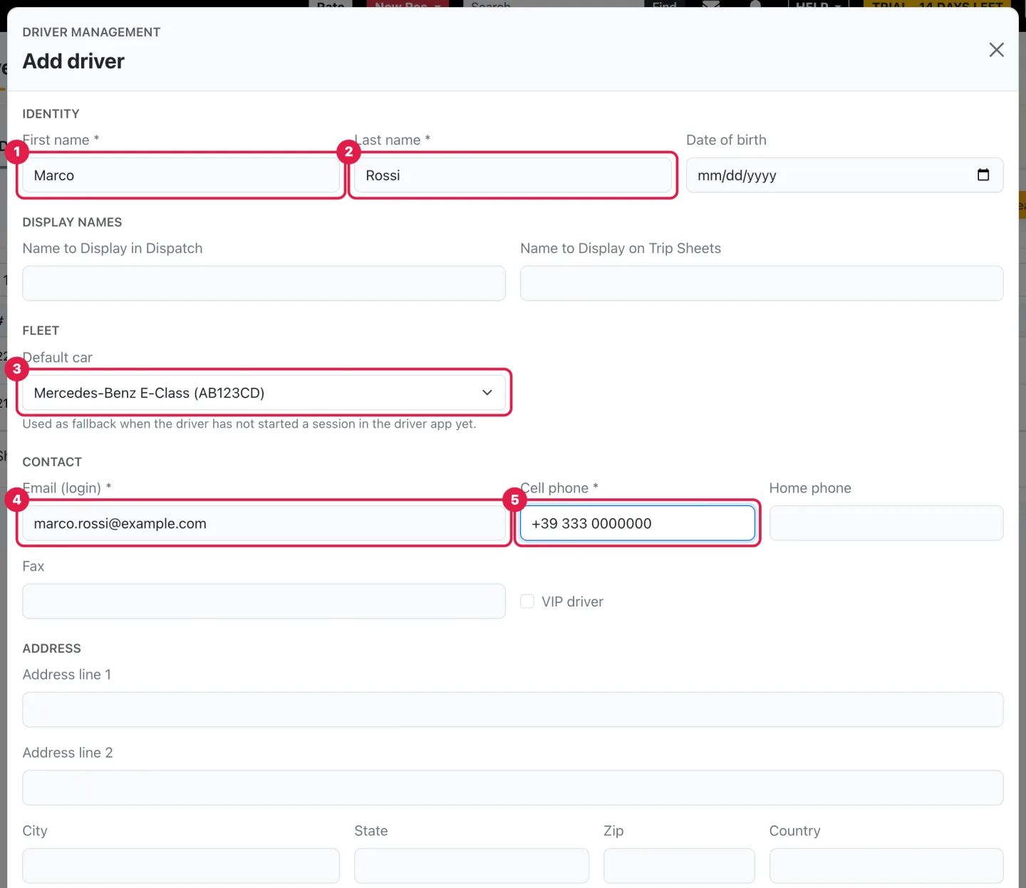 The Add driver form with First name, Last name, Default car, Email (login) and Cell phone filled in and numbered