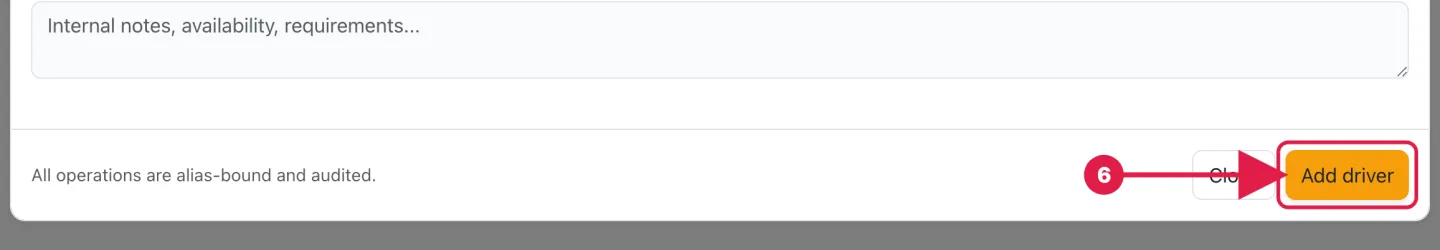 The bottom of the Add driver form with the Add driver button highlighted