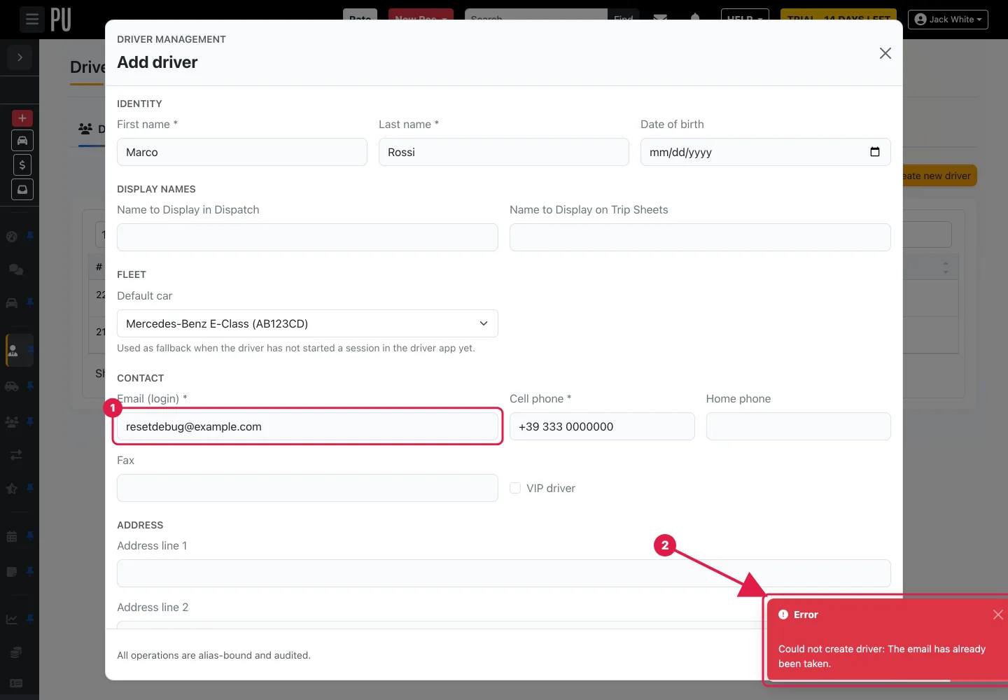The Add driver form with the email field and the error message The email has already been taken highlighted