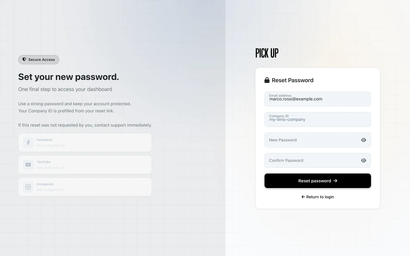 The Set your new password page the driver opens from the invitation email, with email and Company ID prefilled