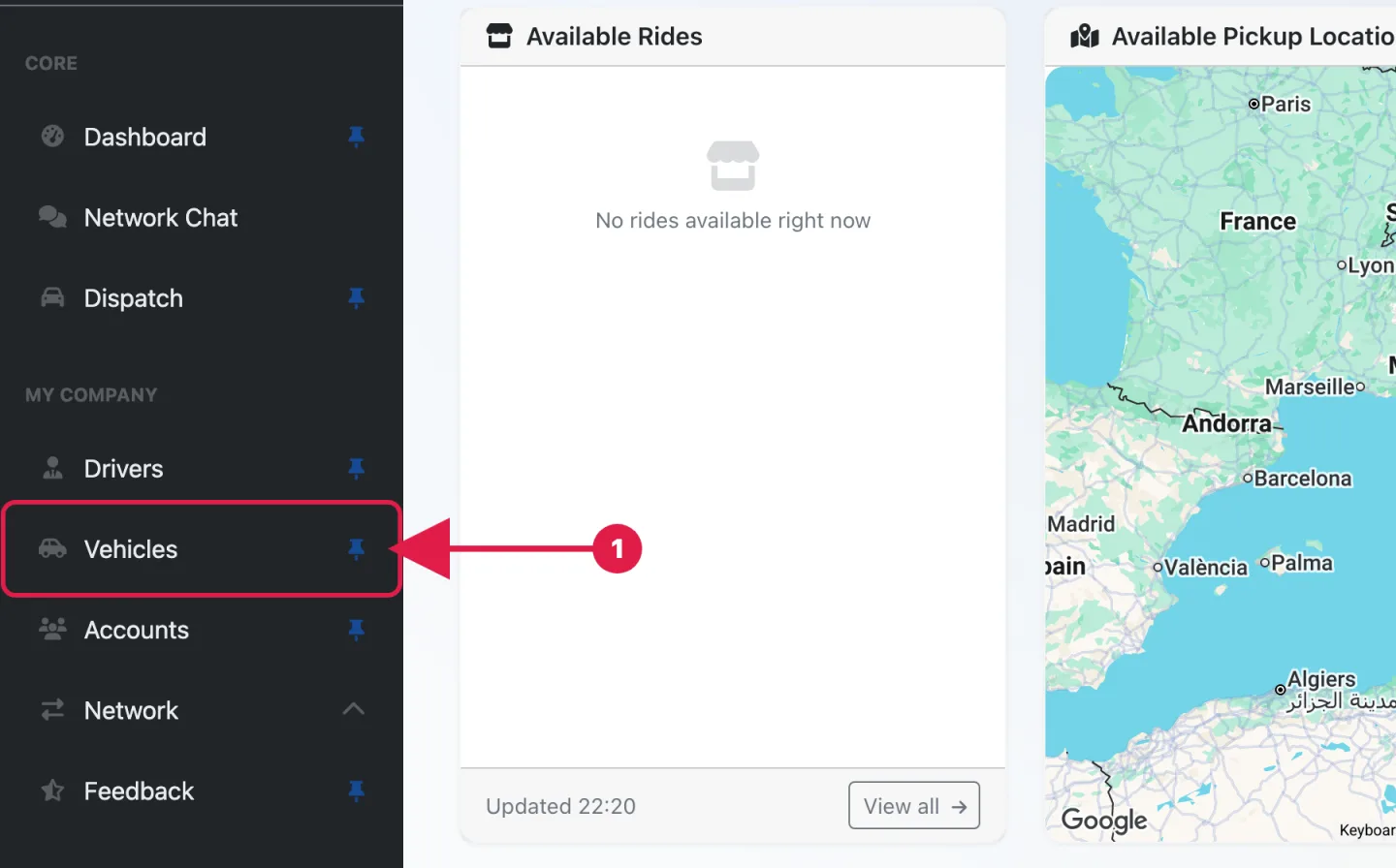 The Pickup Dispatch sidebar with the Vehicles entry highlighted under My Company