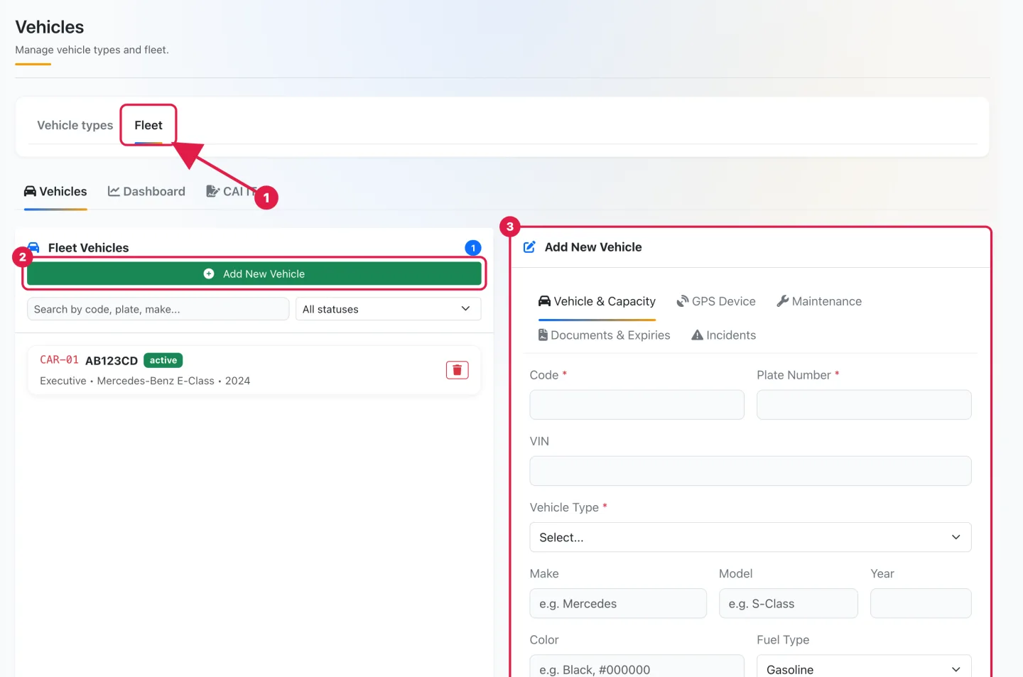 The Fleet tab with the Add New Vehicle button and the Add New Vehicle panel highlighted