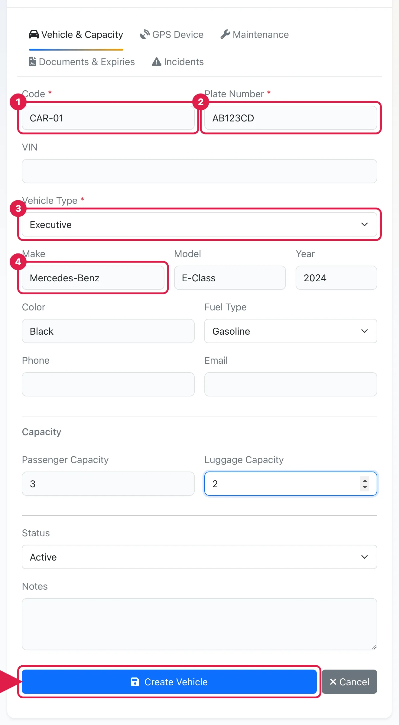 The Add New Vehicle form with Code, Plate Number, Vehicle Type and Make filled in and the Create Vehicle button highlighted