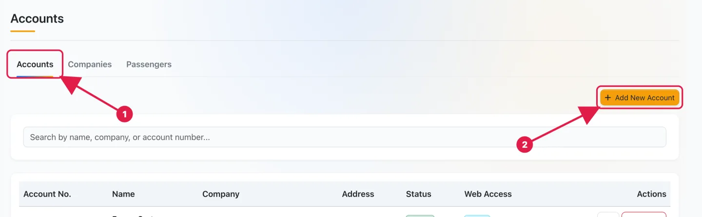 The Accounts page with the Accounts tab and the Add New Account button highlighted