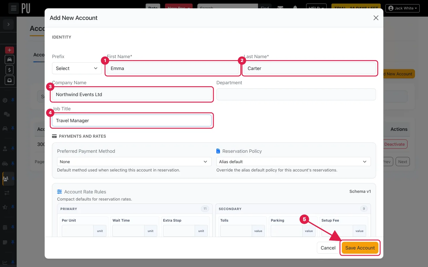The Add New Account form with First Name, Last Name, Company Name and Job Title filled in and the Save Account button highlighted
