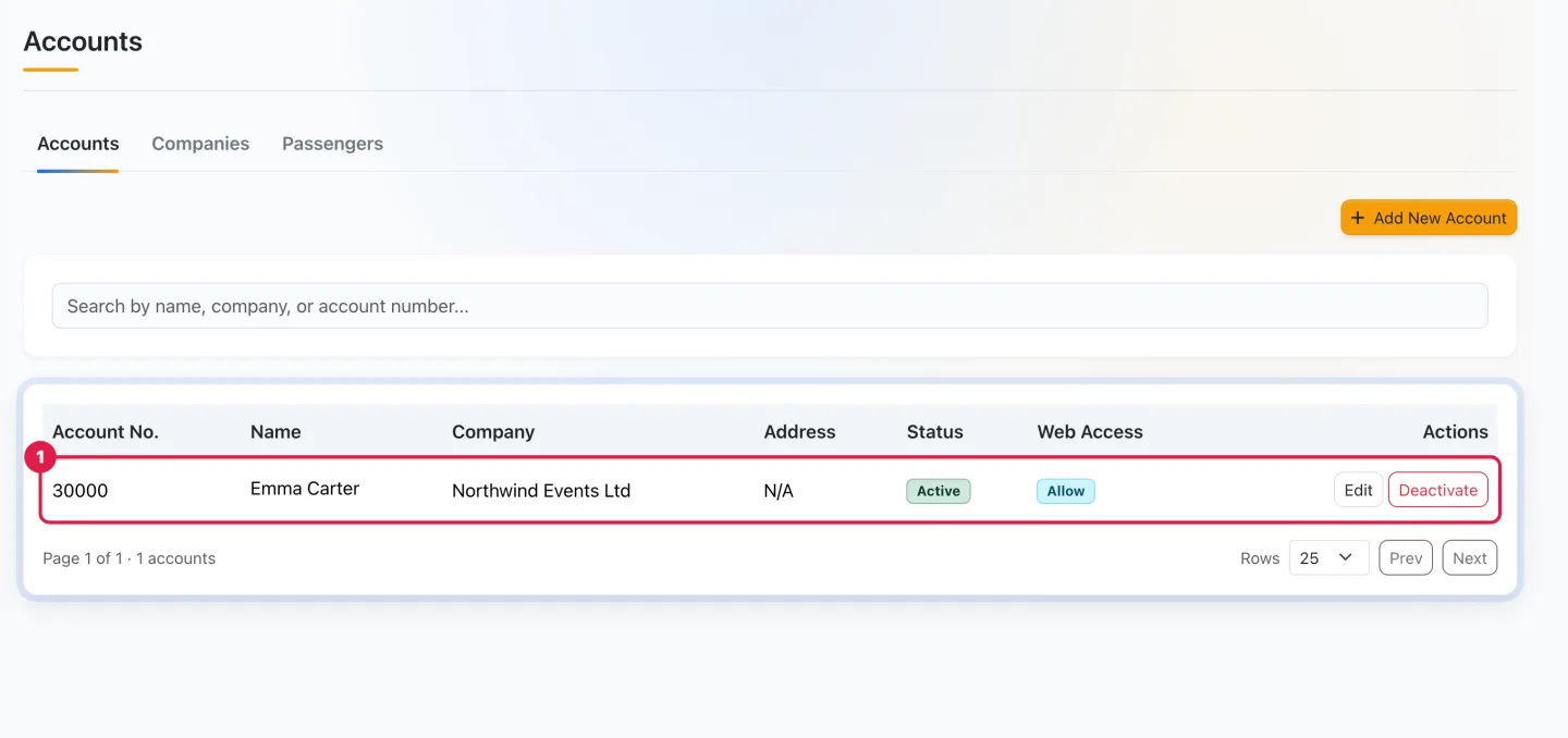 The Accounts list showing the newly created account with its number, company, Active status and Allow web access