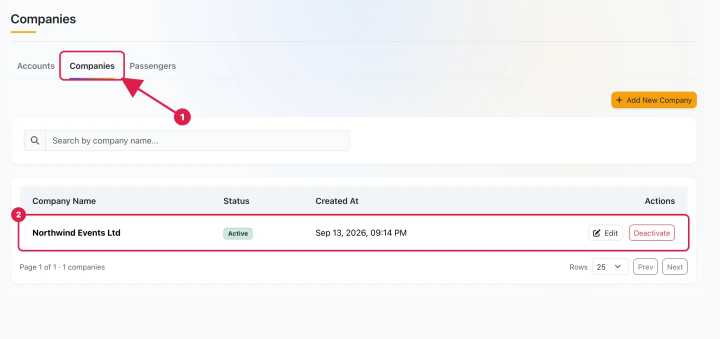 The Companies tab showing the company that was created automatically from the account form
