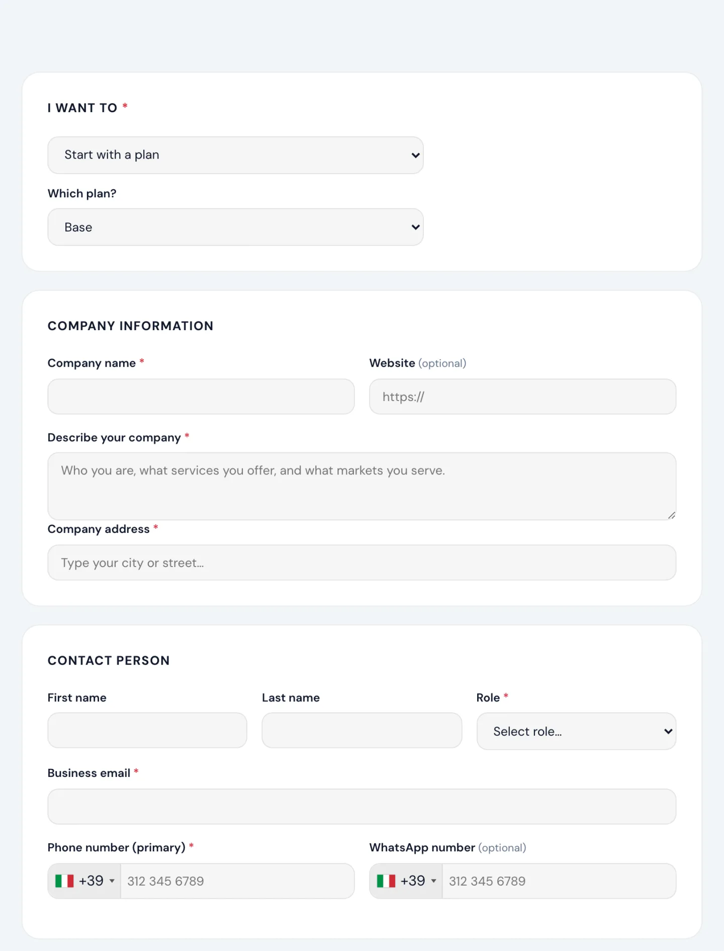 The registration form of this website: I want to, Company information and Contact person sections, with the Submit application button highlighted