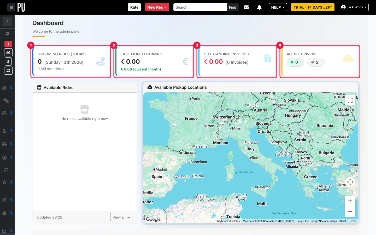 The Pickup Dispatch Dashboard with the four KPI cards numbered: upcoming rides, last month earning, outstanding invoices, active drivers