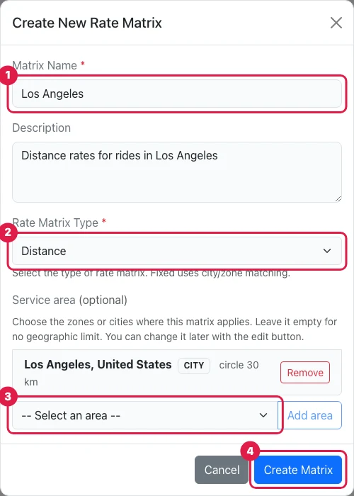 Das Fenster Create New Rate Matrix mit dem Namen Los Angeles, dem Typ Distance und der Stadt Los Angeles als Service area