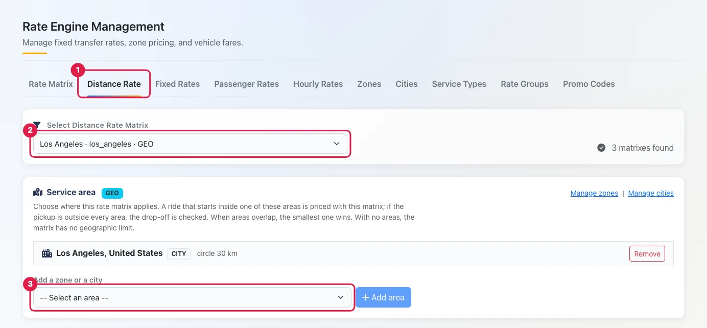 Der Tab Distance Rate mit ausgewählter Matrix Los Angeles und der Karte Service area mit der Stadt Los Angeles