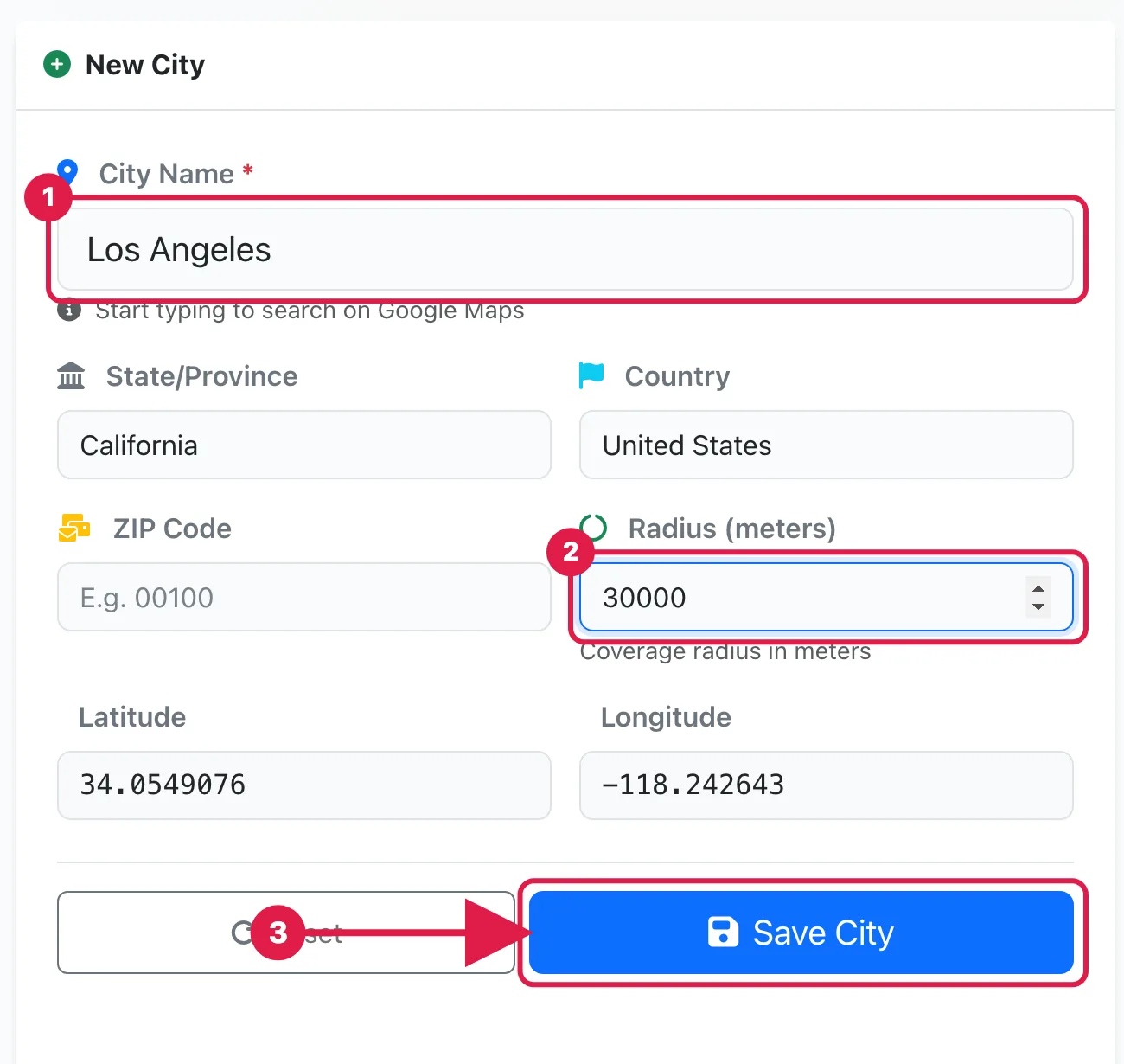 The New City form with Los Angeles chosen from Google Maps, State and Country filled in, a radius in meters, and the Save City button highlighted