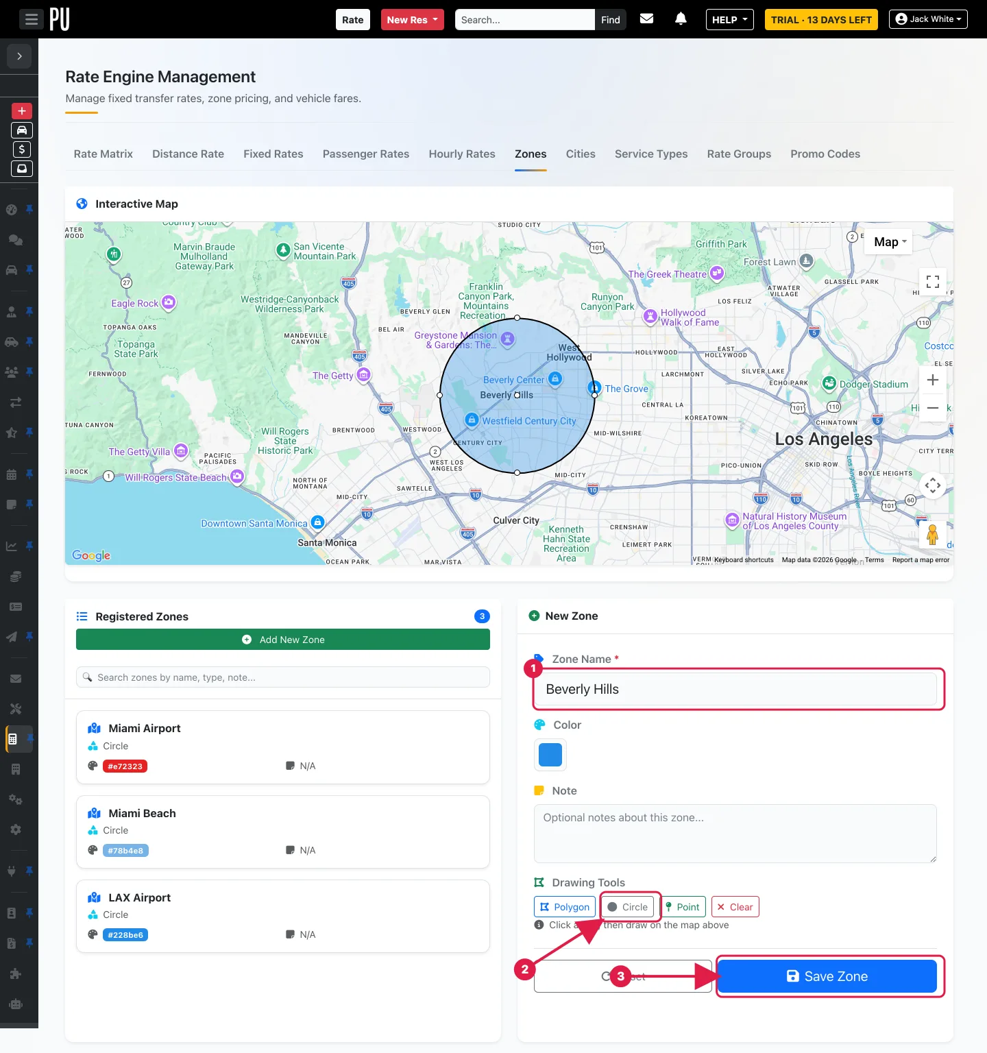 The New Zone form for Beverly Hills with a circle drawn on the map, and the Zone Name field, the Circle tool and the Save Zone button highlighted