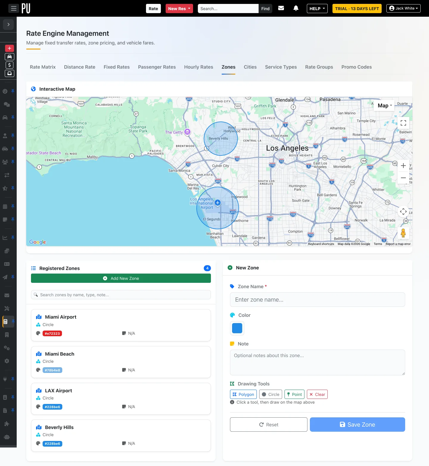 The Zones tab showing LAX Airport and Beverly Hills as circles on the map and in the Registered Zones list
